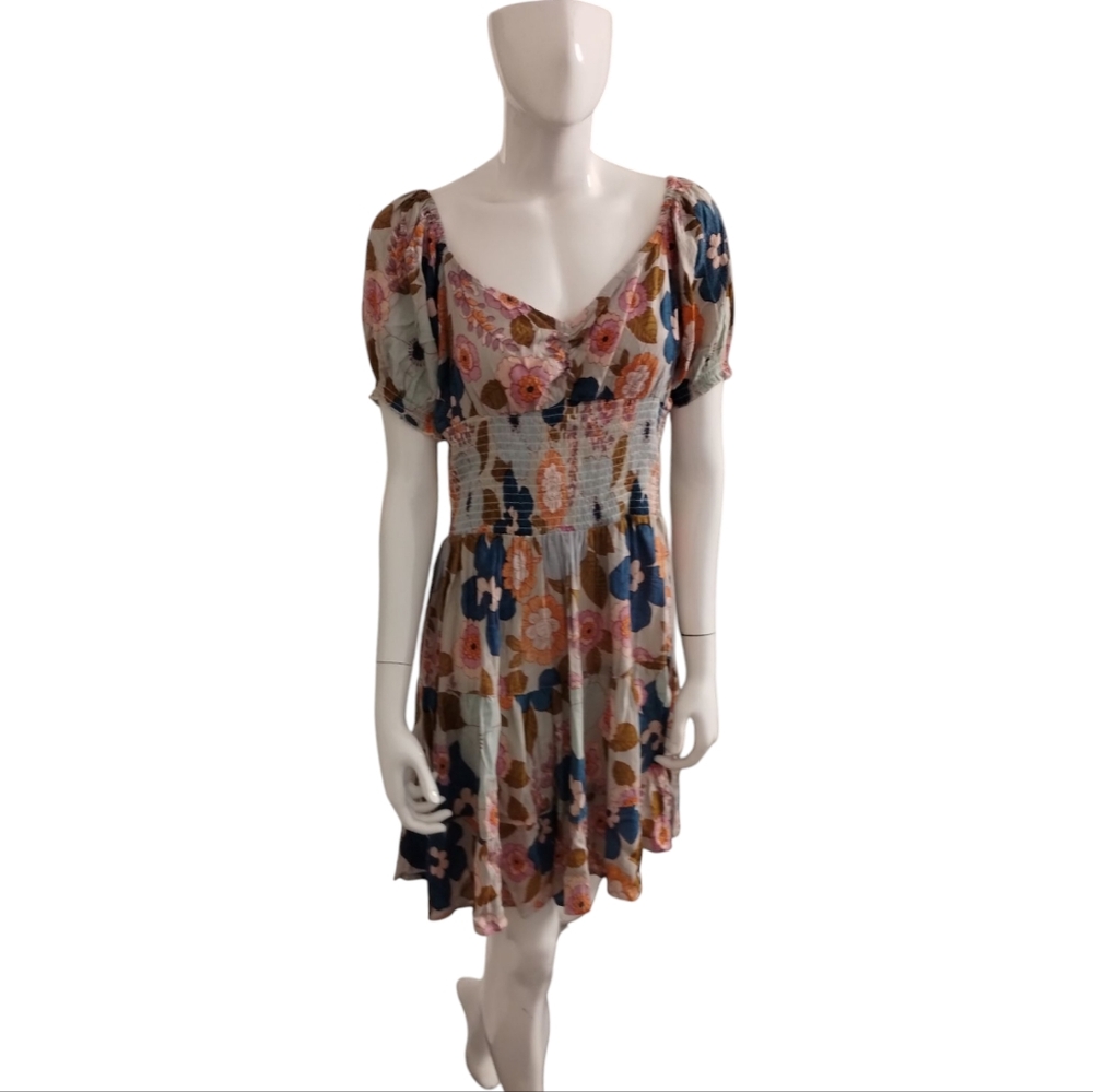 Angie Women's Smocked Babydoll Tiered Cottagecore Boho Whimsical Mini Dress Sz L — image 7 of 8